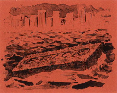 Robert Arneson (Am. 1930-1992), Floating Brick, Colored lithograph, framed under glass: Robert Arneson Am. (1930-1992) Floating Brick Colored lithograph, framed under glass Exhibition label verso 8" x 10" sight, 17 1/8" x 21 1/8" framed Provenan