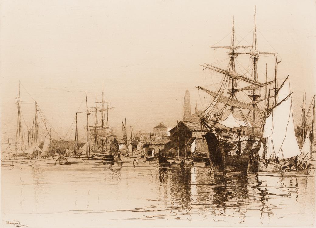 Stephen Parrish (Am. 1846-1938), The Inner Harbor, Gloucester, MA, 1883, Etching, framed under glass: Stephen Parrish Am. (1846-1938) The Inner Harbor, Gloucester, MA, 1883 Etching, framed under glass Signed and dated in plate l.l., exhibition label verso 10 3/8" x 13 7/8" sight, 17