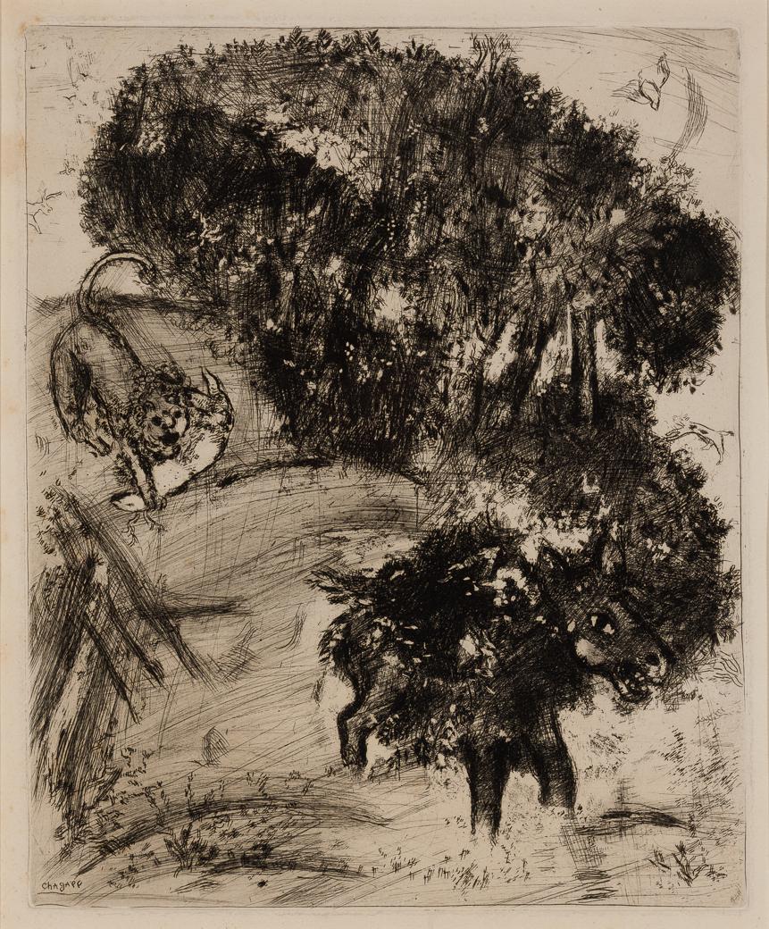 Marc Chagall (Fr./Rus. 1887-1985), Le Lion et l'Ane Chassant aus "Les Fables de La Fontaine" 1952,: Marc ChagallFr./Rus. (1887-1985)Le Lion et l'Ane Chassant aus "Les Fables de La Fontaine" 1952Etching on paper, framed under glassSigned in plate l.l.1