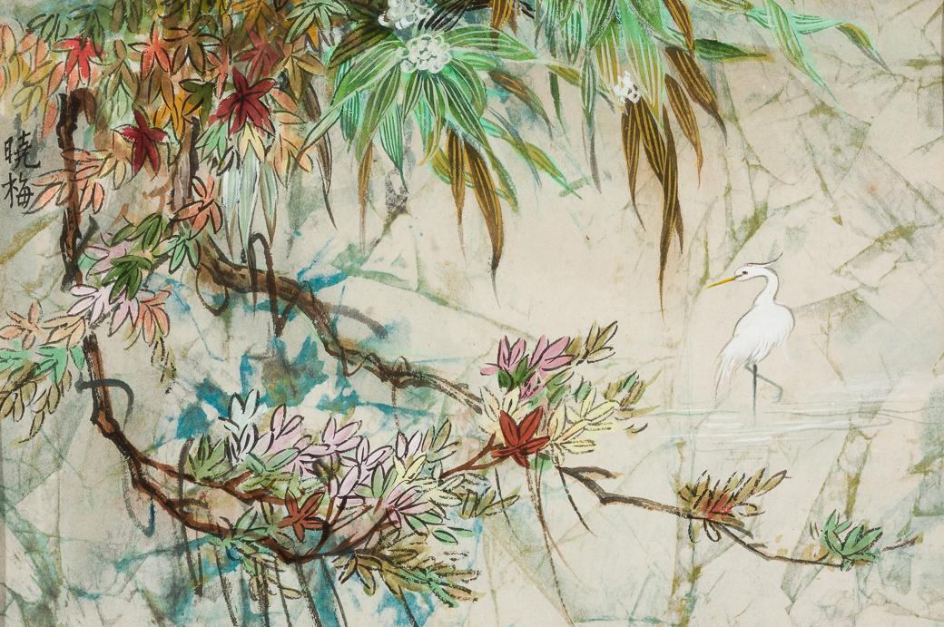 Shawmei Shen (Am./Chn. 20th Century), Egret, Colored ink and brush on paper, framed under glass (1 of 5)