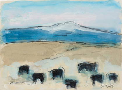 Theodore Waddell (Am. b. 1941), "Geyser Mountain Angus, Drawing #3", Oil, encaustic, and graphite on: Theodore Waddell Am. (b. 1941) &quot;Geyser Mountain Angus, Drawing #3&quot; Oil, encaustic, and graphite on paper, framed under glass Signed l.r., Meyer East Gallery label verso 9&quot; x 12