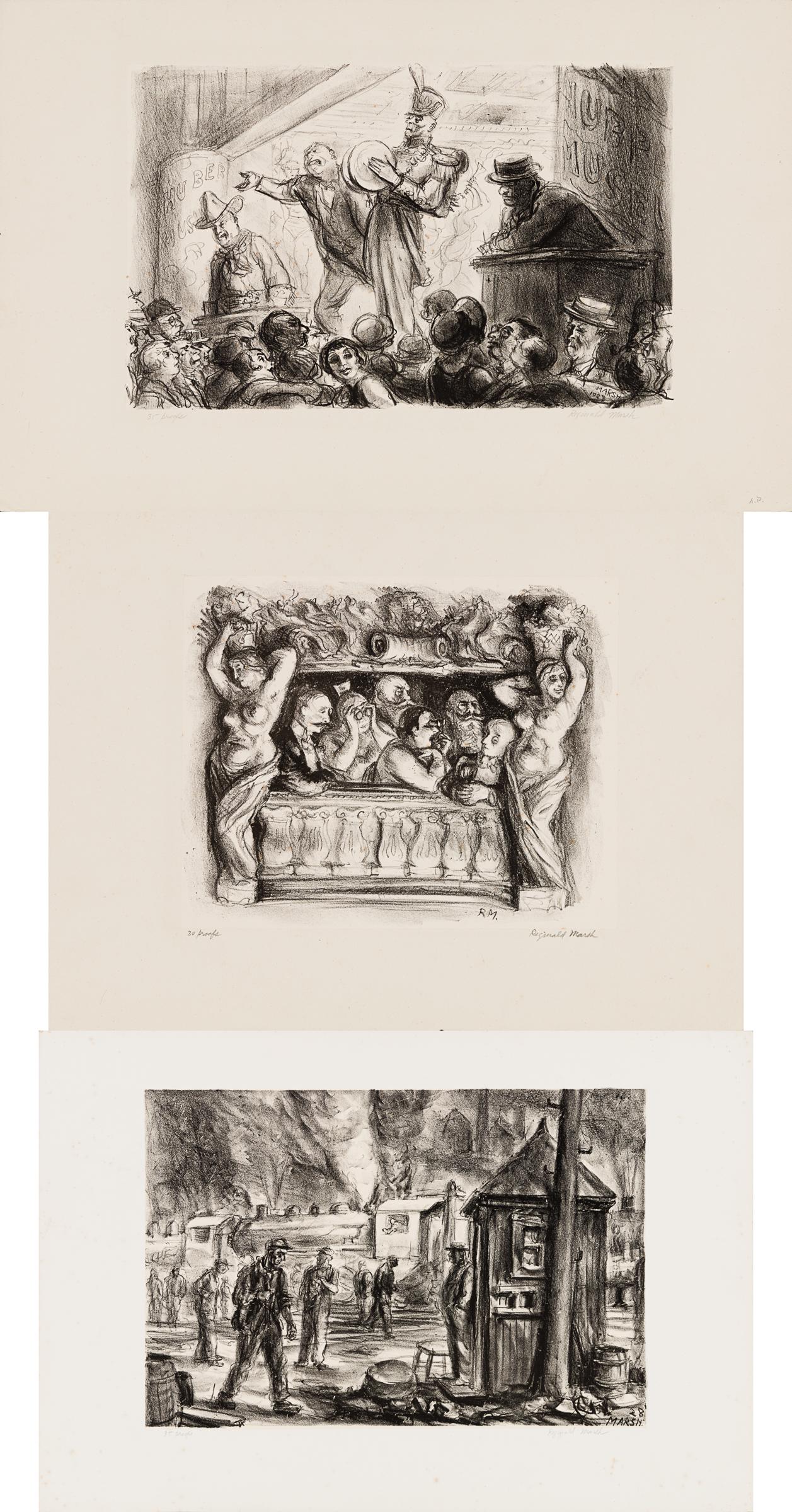 Reginald Marsh (Am. 1898-1954), Three Works, Lithograph, unframed: Reginald Marsh (Am. 1898-1954) Three Works: 1] Huber's Museum, 1928 Lithograph with chine collÃ© laid on wove paper, unframed Signed and editioned artist's proof in mount in pencil and initialed in