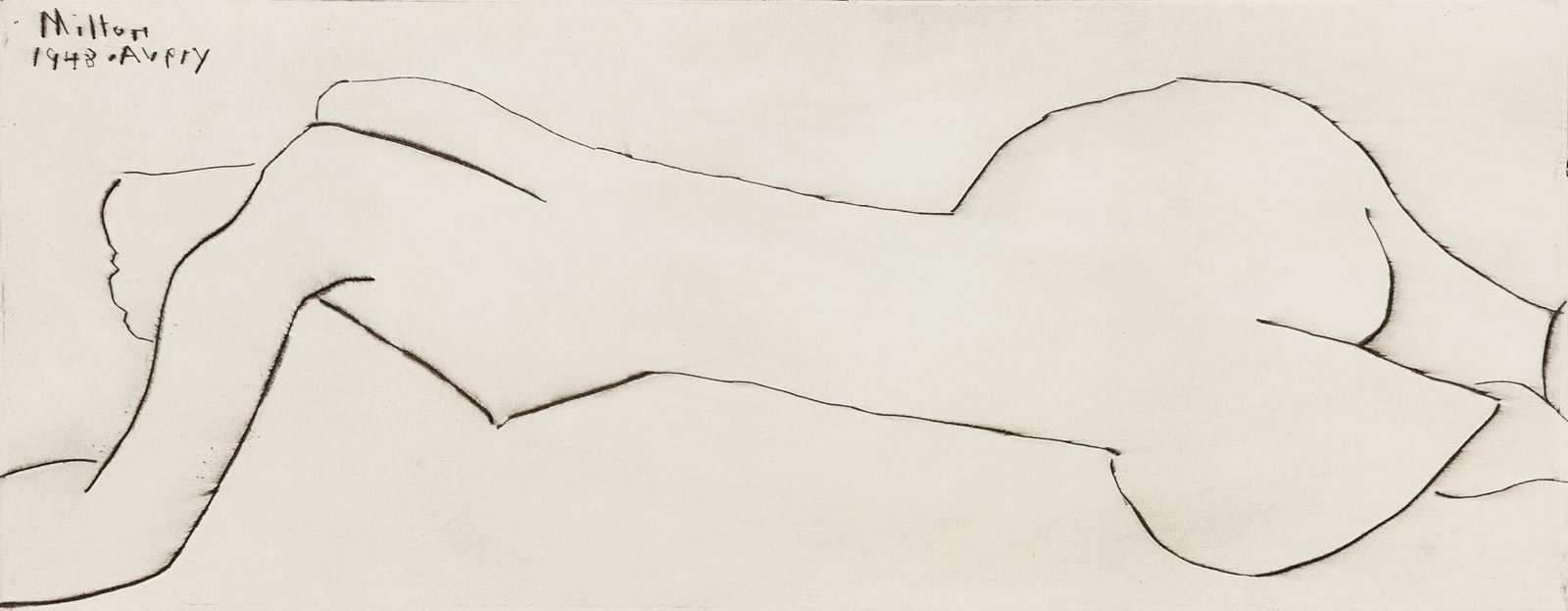 Milton Avery (Am. 1885-1965), Nude, 1948, Etching, framed under glass: Milton Avery (Am. 1885-1965) Nude with Long Torso, 1948 Etching, framed under glass Signed in pencil l.r., signed and dated in plate u.l. 6 5/8" x 15 1/2" sight, 14 9/16" x 23 1/16" framed
