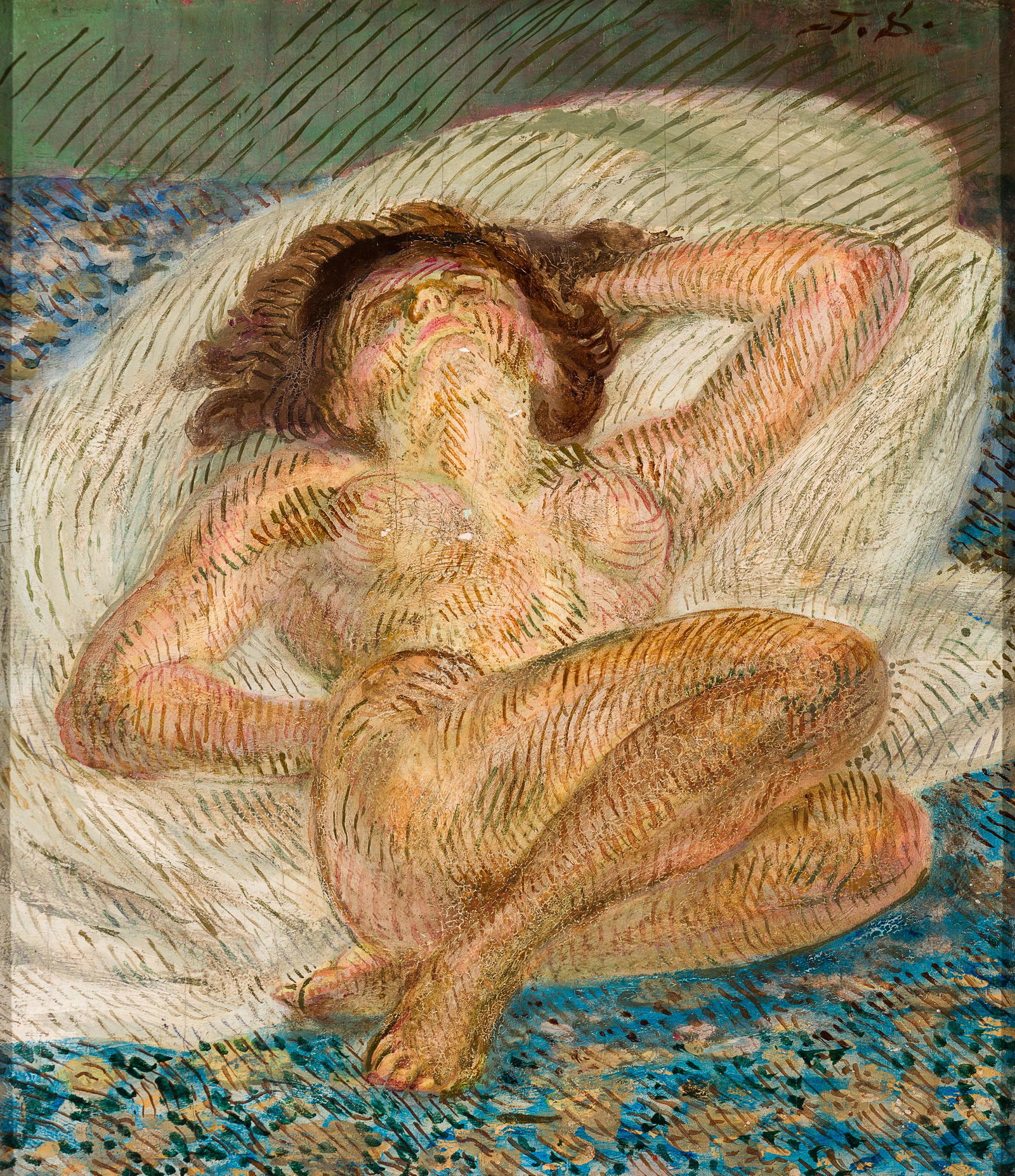 John Sloan (Am. 1891-1970), "Nude on Great White Pillow" 1944, Casein tempera with oil varnish on: John Sloan (Am. 1891-1970) "Nude on Great White Pillow" 1944 Casein tempera with oil varnish on panel, framed Initialed u.r., signed, titled, dated and inscribed "Painted 1944 in Santa Fe, more work