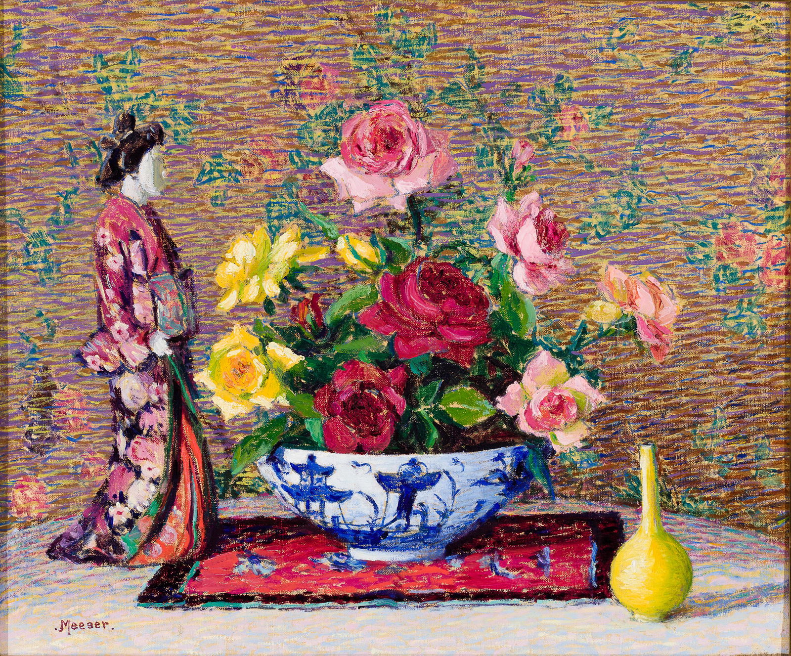 Lillian Burk Meeser (Am. 1864-1942), Still Life with Roses and Figurine, Oil on canvas, framed: Lillian Burk Meeser (Am. 1864-1942) Still Life with Roses and Figurine Oil on canvas, framed Signed l.l. 20" x 24 1/16" actual, 23 9/16" x 27 9/16" framed Provenance: