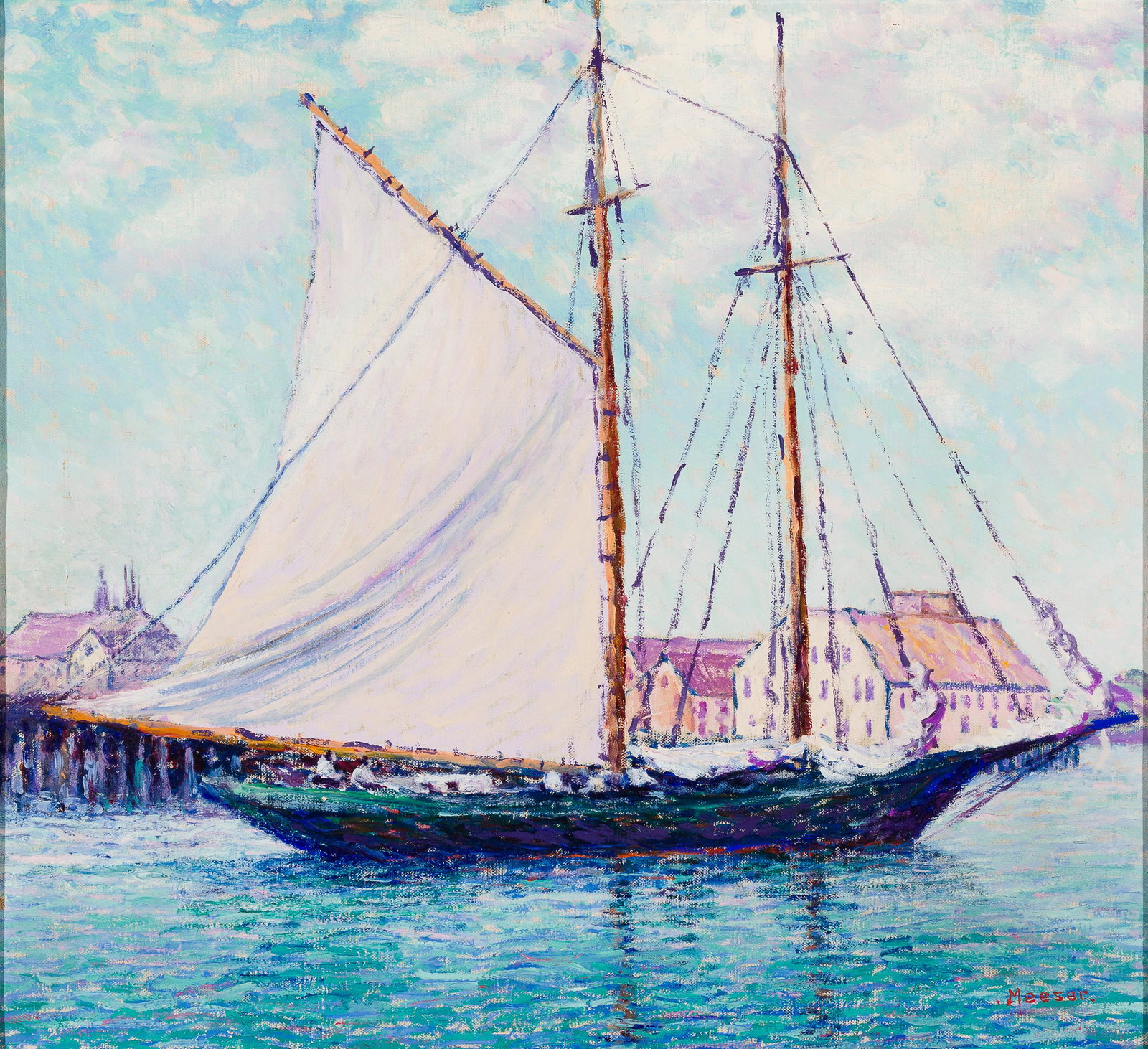 Lillian Burk Meeser (Am. 1864-1942), Anchored Sailboat, Oil on canvas, framed (1 of 5)