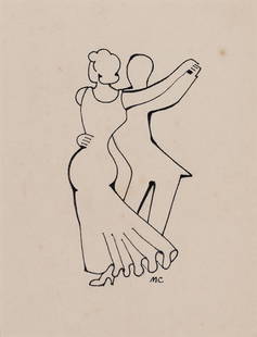 Attr. to Miguel Covarrubias (Mexican 1904-1957), Dancing, Pen and ink on paper, framed under glass: Attr. to Miguel Covarrubias (Mexican 1904-1957) Ballroom Dancers, 1935 Pen and ink on paper, framed under glass Initialed l.r. 7 3/4" x 6" sight, 18 1/2" x 16 5/8" framed Provena