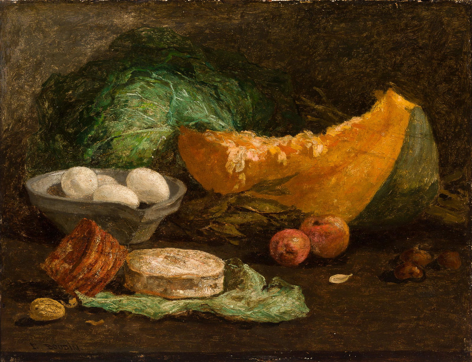 Eugene Boudin (Fr. 1824-1898), Nature morte aux oeufs et la citrouille, Oil on panel, framed (1 of 6)