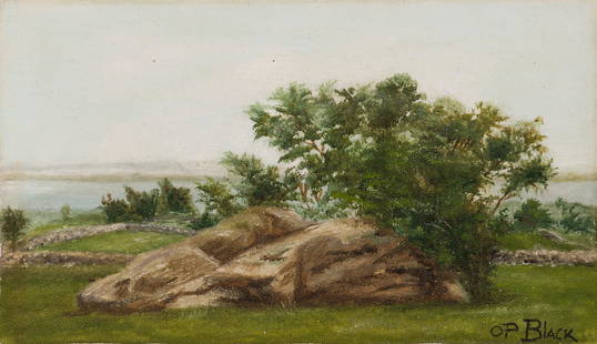 Olive Parker Black (Am. 1868–1948), "'Pulpit Rock' Clark's Island", Oil on panel, framed: Olive Parker Black (Am. 1868-1948) "'Pulpit Rock' Clark's Island" Oil on panel, framed Signed l.r., titled and inscribed "Merry Xmas to Dell from Olive--" verso 5 5/8" x 9" actual, 10 1/2" x