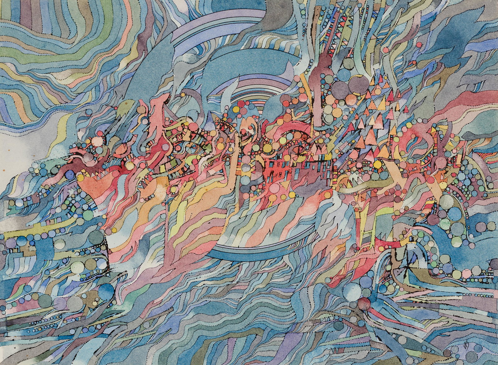 Varujan Boghosian (Am. 1926-2020), "Babylon" c. 1985, Pen and ink and watercolor on paper, framed (1 of 5)