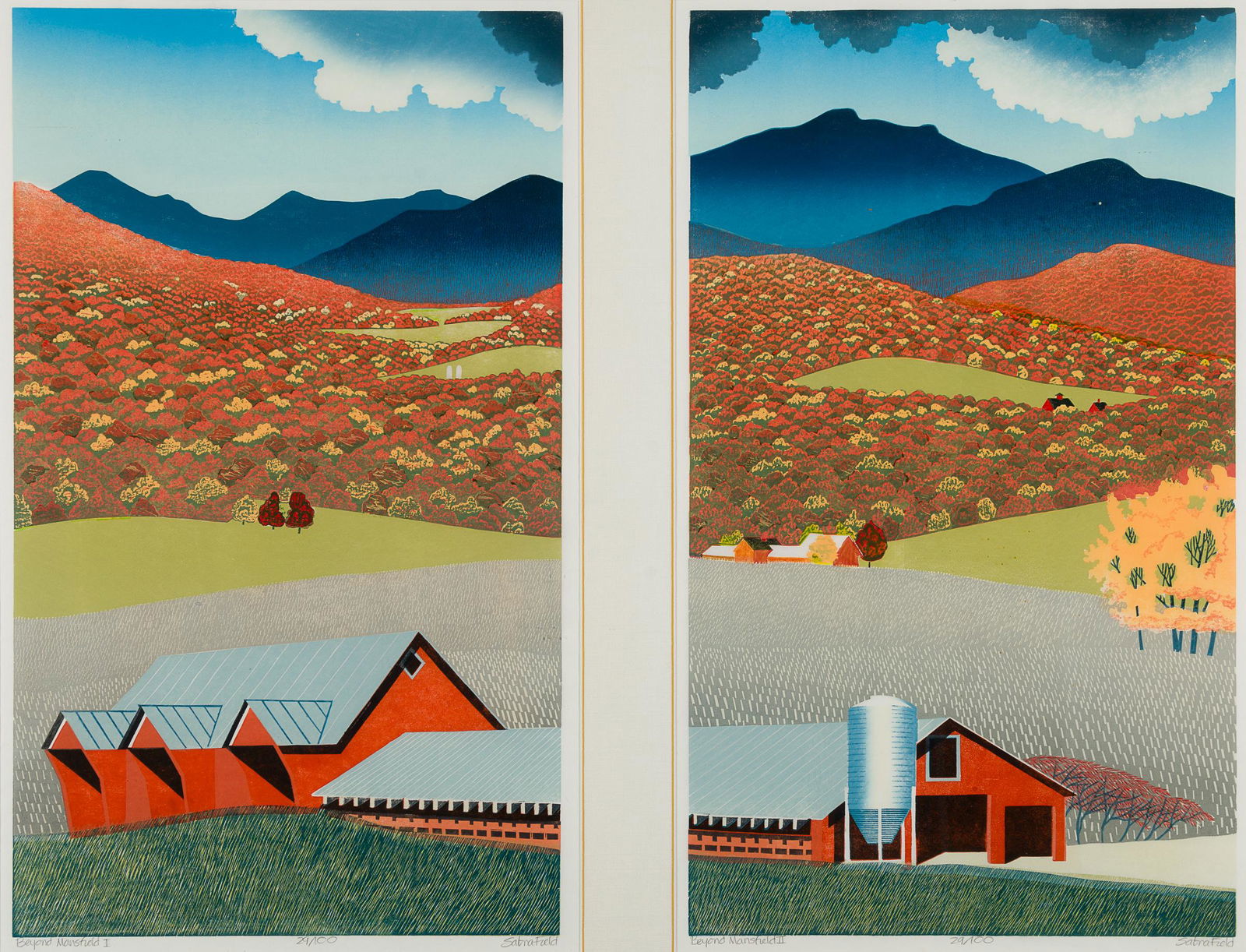 Sabra Field (Am. b. 1935), "Beyond Mansfield" I and II, Woodblock print, framed under glass (1 of 9)