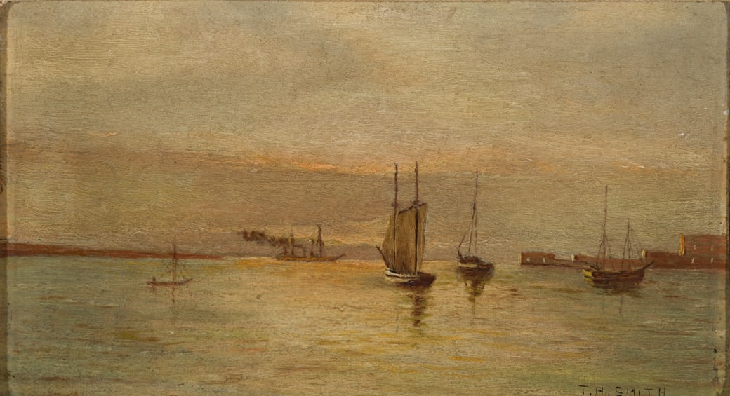 T.H. Smith (Am. 20th Century), Boats at Dawn, Oil on panel, framed (1 of 4)
