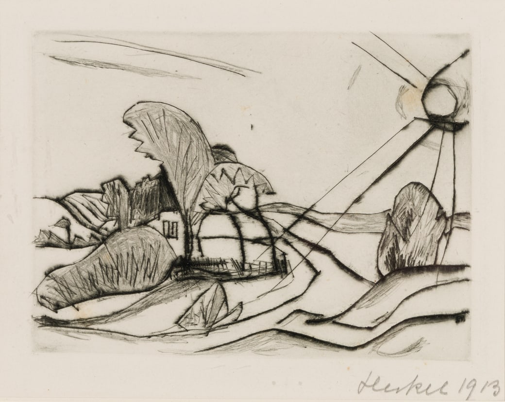 Erich Heckel (Ger. 1883-1970), Landscape with Sun, 1913, Etching, framed under glass: Erich Heckel (Ger. 1883-1970) Landscape with Sun, 1913 Etching, framed under glass Signed and dated l.r. 5 1/2" x 7" sight, 13 3/4" x 14 3/4" framed Private Collection Gray, Maine