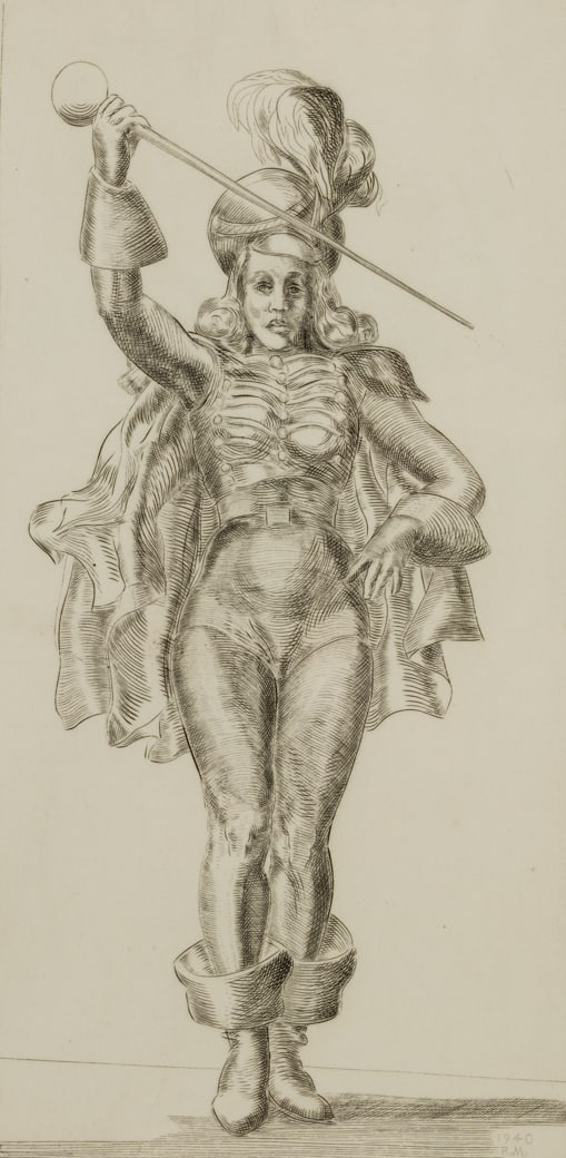 Reginald Marsh (Am. 1898-1954), Drum Majorette, 1940, Etching, framed under glass: Reginald Marsh (Am. 1898-1954) Drum Majorette, 1940 Etching, framed under glass Initialed and dated in plate l.r. 12 13/16" x 7" sight, 22 3/4" x 18 5/8" framed From the collection