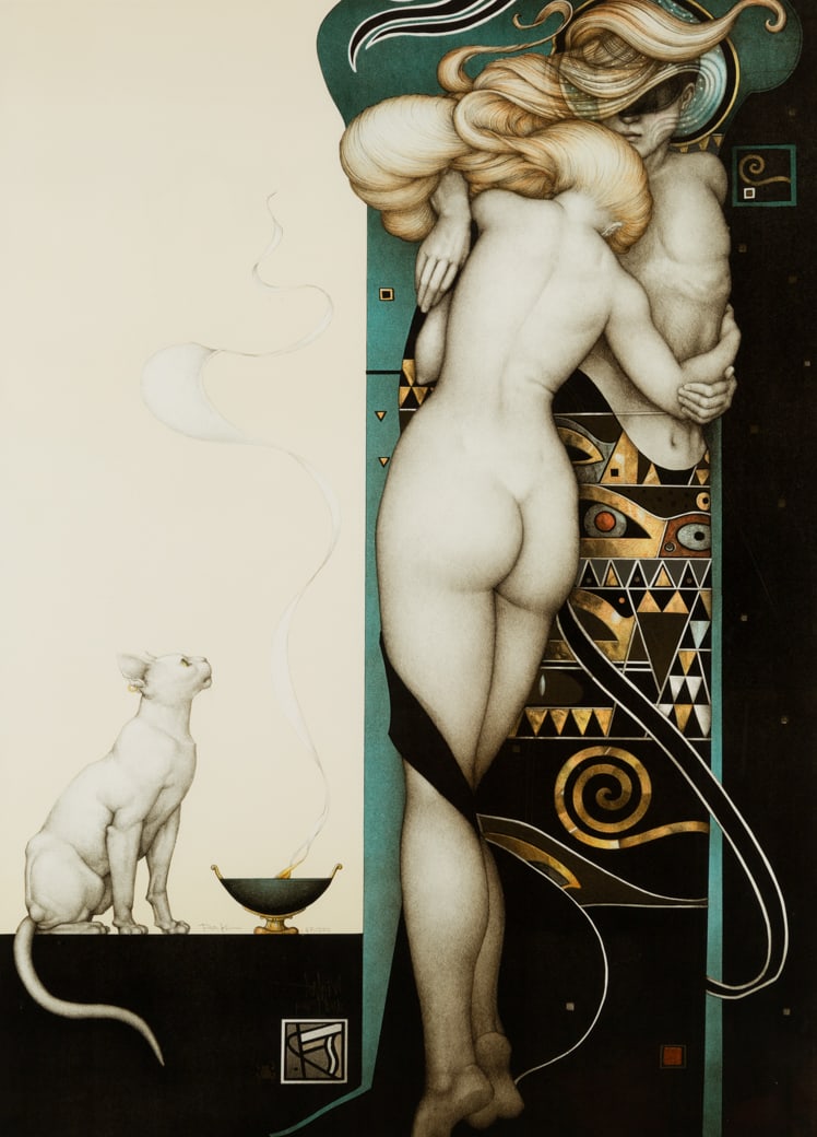 Michael Parkes (Am. b. 1944), "Night and Day", Colored lithograph, framed under glass: Michael Parkes (Am. b. 1944) "Night and Day" Colored lithograph, framed under glass Signed and editioned "67/250" in pencil and titled in print l.l. 38" x 27 1/2" sight,