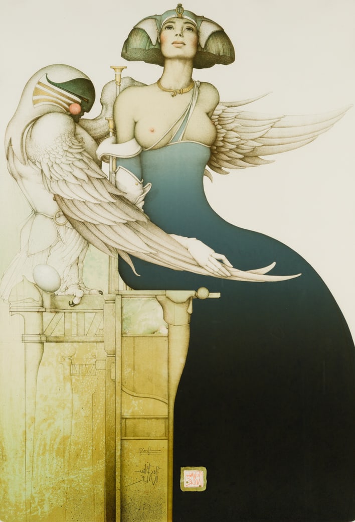 Michael Parkes (Am. b. 1944), "The Blue Nile/The White Nile", Colored lithograph, framed under glass: Michael Parkes (Am. b. 1944) "The Blue Nile/The White Nile" Colored lithograph, framed under glass Signed in pencil, editioned "71/250" in red and titled in print l.c. 39" x 26 1/2" actual, 48 7/16" x