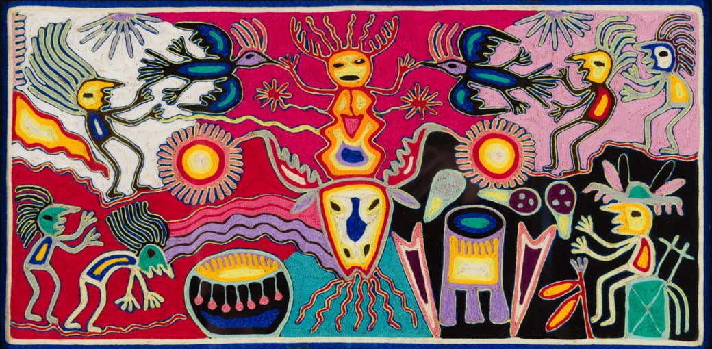 Martin de la Cruz Díaz (Mexican 20th Century), Fiesta del Tambor, Huichol yarn painting, mounted to (1 of 3)