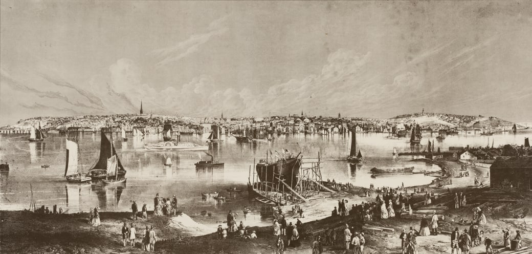 John William Hill (Am. 1812-1879), View of Portland, Maine, Lithograph (restrike), framed under: John William Hill (Am. 1812-1879) View of Portland, Maine Lithograph (restrike), framed under glass Inscribed "Painted by JW Hill" in plate l.r., inscribed "Chas Parsons Lith NY" i