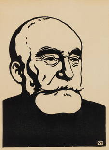 Félix Vallotton (Swiss 1865-1925), Portrait of Pierre Puvis de Chavannes, 1898, Woodcut, framed: Félix Vallotton (Swiss 1865-1925) Portrait of Pierre Puvis de Chavannes, 1898 Woodcut, framed under glass Monogrammed in plate and ink l.r., biographical printout attached to verso 8 1/2"