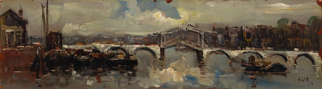Attr. to George Hendrik Breitner (Dutch 1857-1923), View of Amsterdam with Bridge, Oil on panel,: Attr. to George Hendrik Breitner (Dutch 1857-1923) View of Amsterdam with Bridge Oil on panel, unframed Initialed l.r. 6 3/4" x 24 1/16" actual Private Collection Wiscasset, Maine