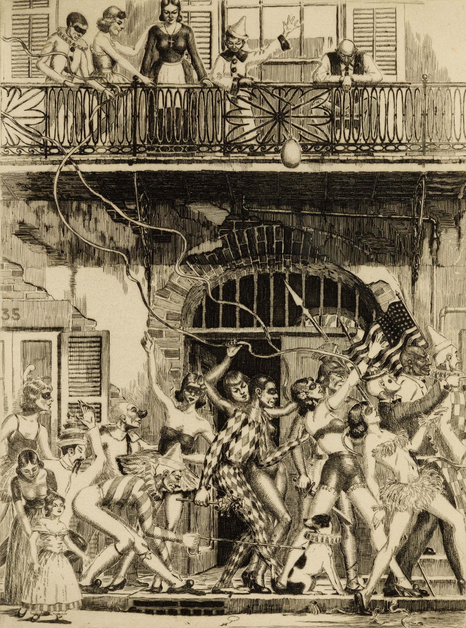 Morris Henry Hobbs (Am. 1892-1967), "Mardi Gras on Royal St. Old New Orleans" 1940, Etching, framed (1 of 5)