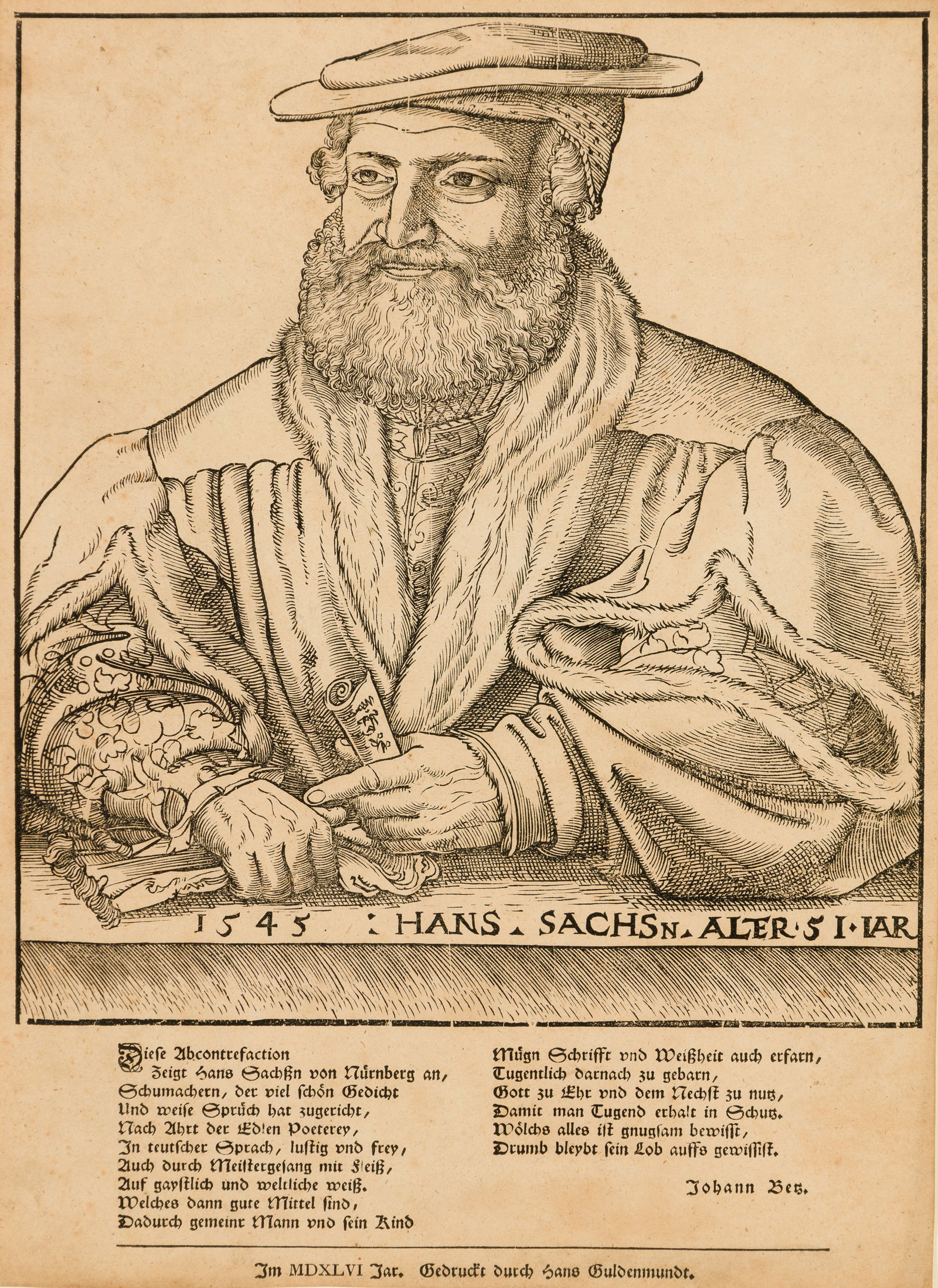 Lucas Cranach the Elder (Ger. 1472-1553), Portrait of Hans Sachs, 1545, Woodcut, framed under glass: Lucas Cranach the Elder (Ger. 1472-1553) Portrait of Hans Sachs, 1545 Woodcut, framed under glass Titled and dated in plate at center of image 15 3/4" x 11 5/16" actual, 28 1/2" x 24 3/4" fra