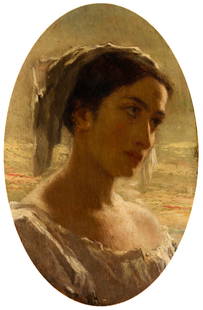 William Morris Hunt (Am. 1824-1879), Portrait of a Woman, Oil on panel, framed: William Morris Hunt (Am. 1824-1879) Portrait of a Woman Oil on panel, framed Initialed l.c. 19 3/4" x 12 1/4" actual, 25 1/4" x 18 5/8" framed Provenance: Private Collection Massachu