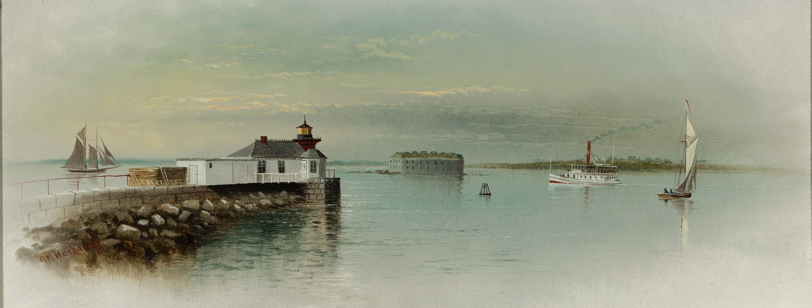 George M. Hathaway (Am. 1852-1903), Fort Gorges and Portland Breakwater Light, Oil on panel, framed (1 of 4)