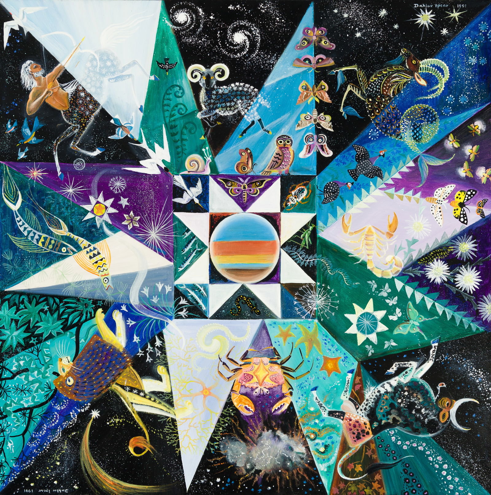 Dahlov Ipcar (Am. 1917-2017), "Starry Night" 1991, Oil on linen, framed (1 of 6)