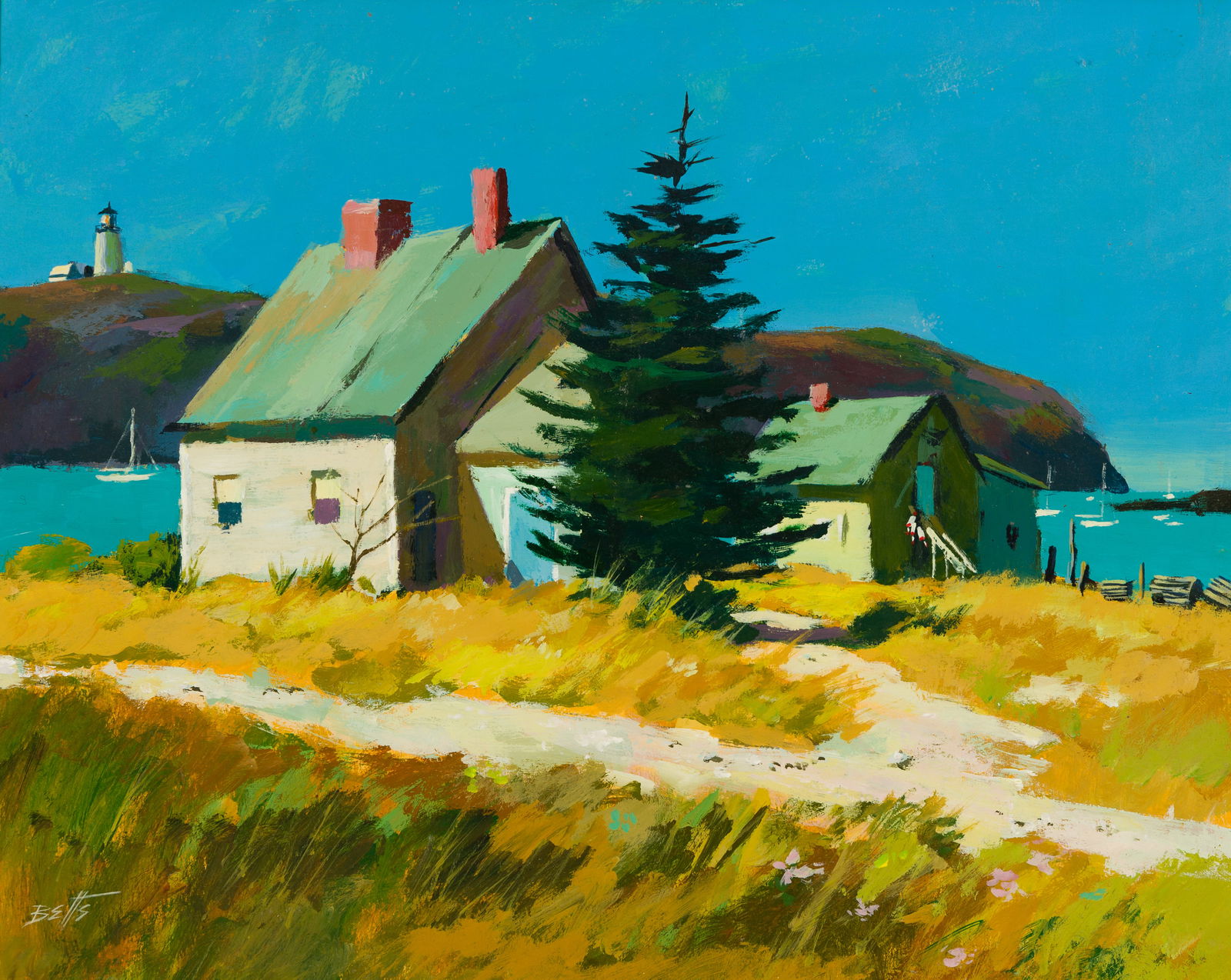 Edward Betts (Am. 1920-2008), "Fishing Shacks, Monhegan" 1972, Acrylic on board, framed: Edward Betts (Am. 1920-2008) "Fishing Shacks, Monhegan" 1972 Acrylic on board, framed Signed l.l., signed, titled and dated verso 16" x 20" actual, 20 7/16" x 24 1/2" framed Provenan