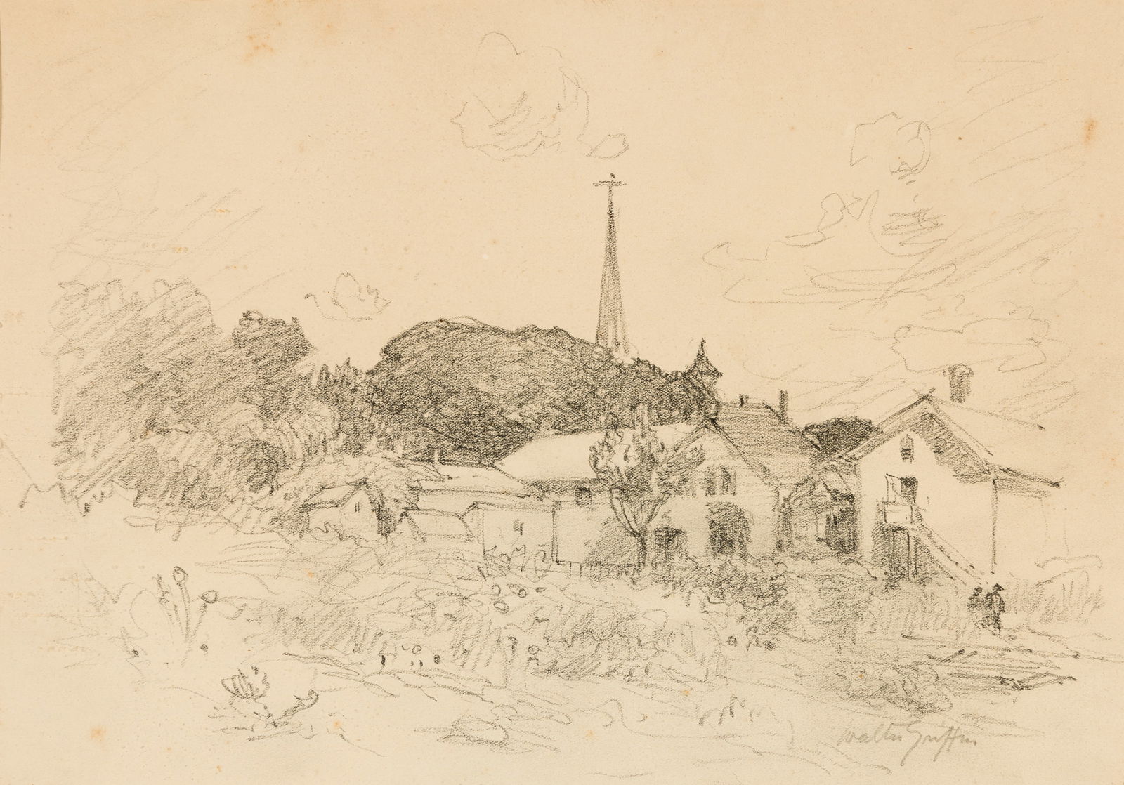 Walter Griffin (Am. 1861-1935), "New England Village Church", Pencil on paper, framed under glass: Walter Griffin (Am. 1861-1935) "New England Village Church" Pencil on paper, framed under glass Signed l.r., titled and Portland Museum of Art stamp verso 8 3/4" x 12 1/2" sight, 14 3/4" x 18