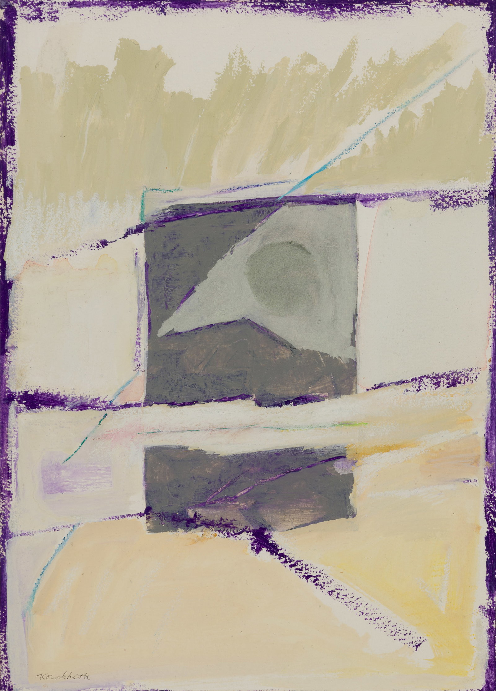 Frances Kornbluth (Am. 1920-2014), "Grey Window/Grey Sun", Watercolor and gouache on paper, framed: Frances Kornbluth (Am. 1920-2014) "Grey Window/Grey Sun" Watercolor and gouache on paper, framed under glass Signed l.l., titled and artist's card verso 17 11/16" x 12 11/16" sight, 27" x 22"