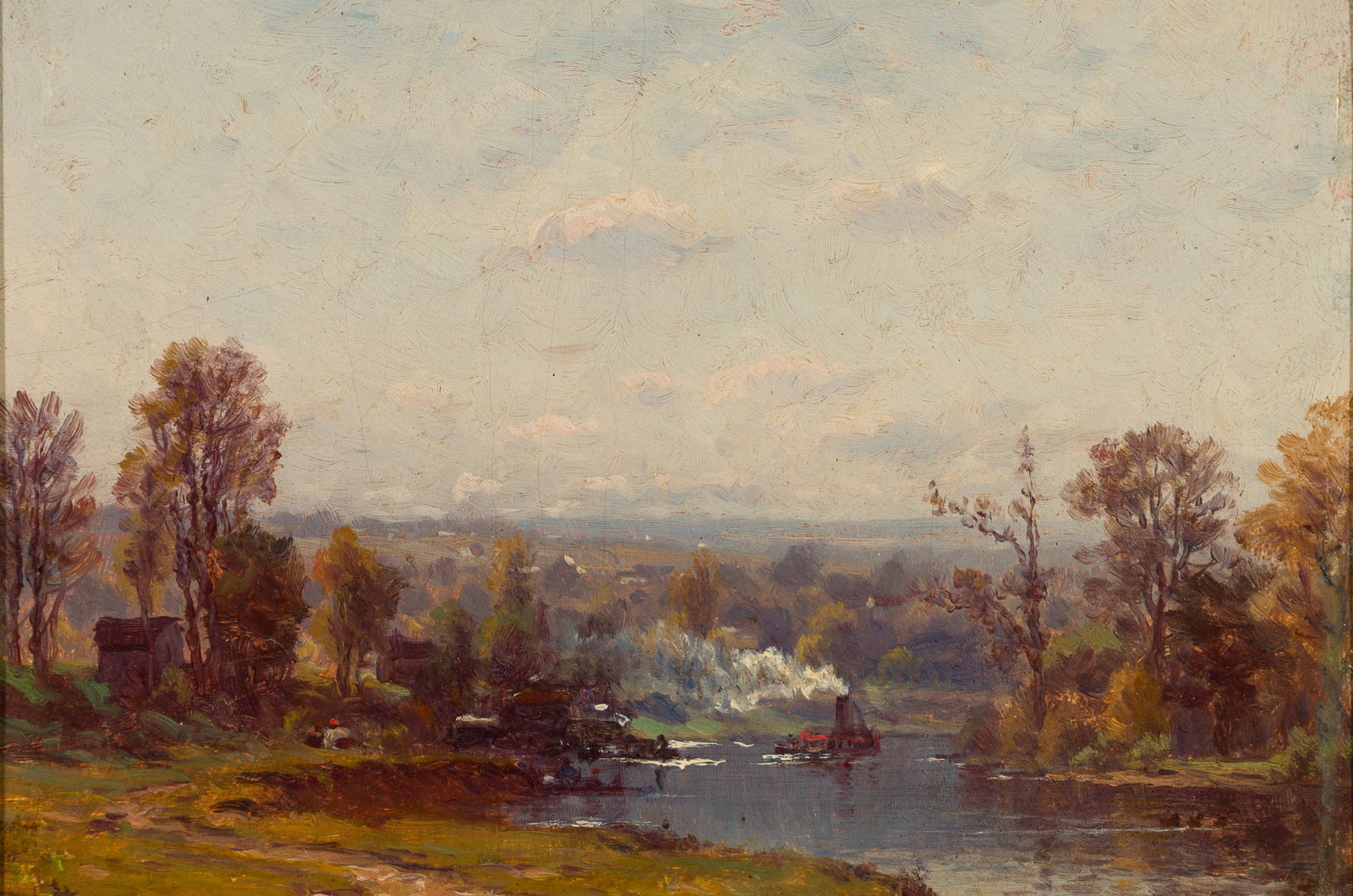 John Joseph Enneking (Am. 1841-1916), "Autumn on a Branch of the Seine", Oil on panel, framed: John Joseph Enneking (Am. 1841-1916) "Autumn on a Branch of the Seine" Oil on panel, framed Initialed l.l., titled verso 6 7/16" x 9 1/4" actual, 11 13/16" x 14 13/16" framed Provena