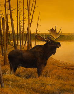 John Felsing (Am. b. 1954), Bull Moose with Orange Sky, Oil on canvas, framed: John Felsing (Am. b. 1954) Bull Moose with Orange Sky Oil on canvas, framed Signed l.r. 20&quot; x 16&quot; actual, 27 1/8&quot; x 23 1/16&quot; framed