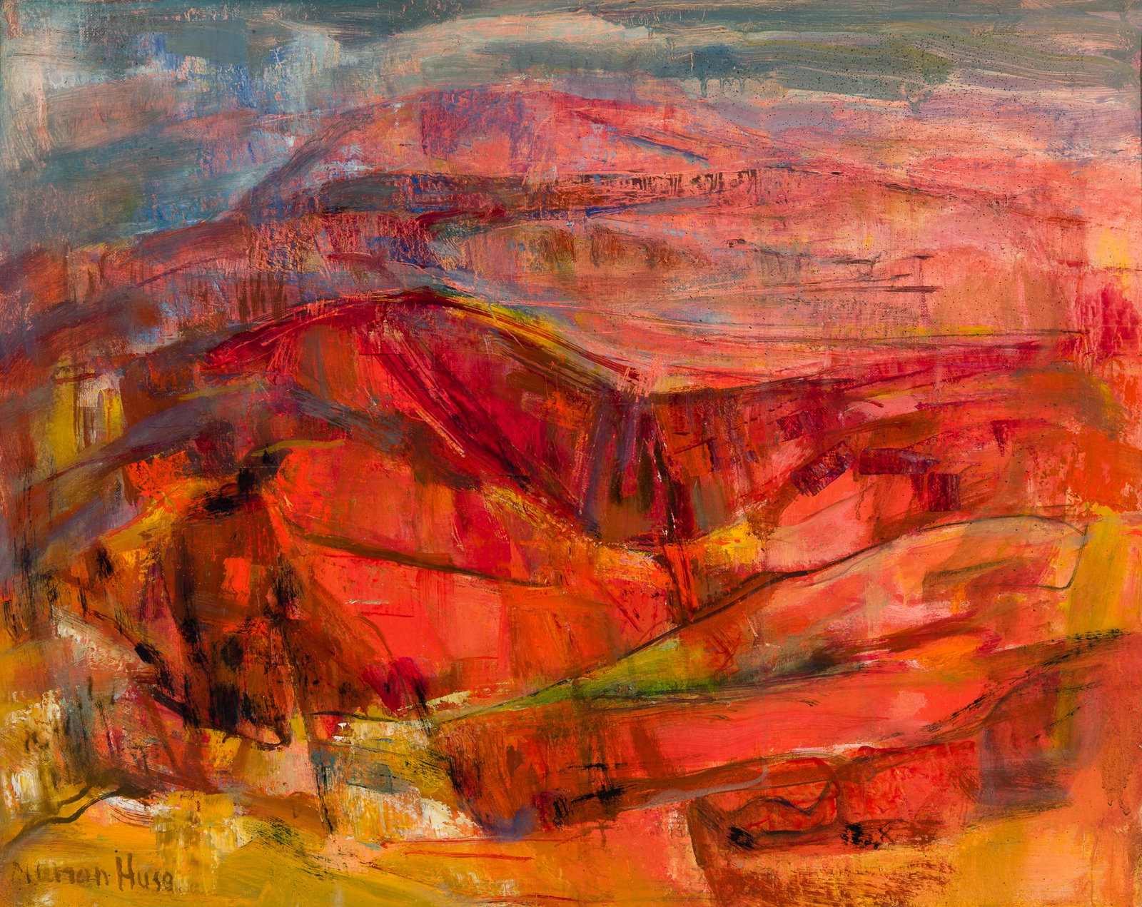 Marion Huse (Am. 1896-1967), Sunset Landscape, Oil on canvas, framed: Marion Huse (Am. 1896-1967) Sunset Landscape Oil on canvas, framed Signed l.l., Barridoff Galleries tag attached verso 22 1/8" x 27 7/8" actual, 26 1/4" x 32" framed Provenance: Barr