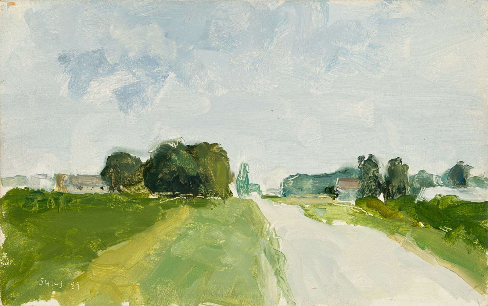 Stuart Shils (Am. b. 1954), Country Road, 1989, Oil on panel, framed: Stuart Shils (Am. b. 1954) Country Road, 1989 Oil on panel, framed Signed and dated l.l. 6 9/16" x 10 3/8" actual, 9 1/2" x 13 3/8" framed Provenance: Private Collection Massachusett