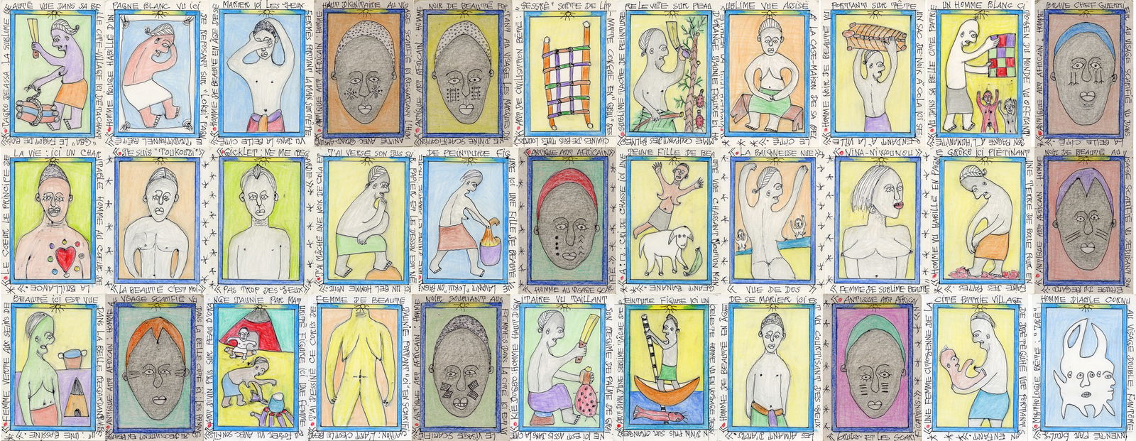 Frédéric Bruly Bouabré (Ivorian 1923-2014), Collection of 33 Drawings, Colored pencil and ink on: Frédéric Bruly Bouabré (Ivorian 1923-2014) Collection of 33 Drawings Colored pencil and ink on card Each drawing: Signed and dated verso, inscription along outer edges Each drawing: Approxima