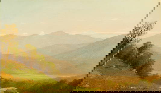 John Williamson (Am. 1826-1885), View of Mt. Washington c. 1870, Oil on canvas, framed: John Williamson (Am. 1826-1885) View of Mt. Washington c. 1870 Oil on canvas, framed "Lancaster, N. Hamp. J.W." Inscribed verso 16 1/16" x 27 1/8" actual, 22 7/8" x 33 7/8" framed Pr