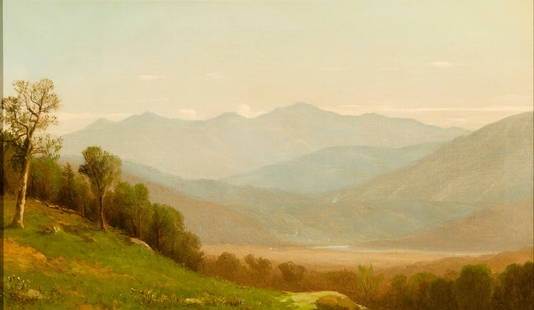 John Williamson (Am. 1826-1885), View of Mt. Washington c. 1870, Oil on canvas, framed: John Williamson (Am. 1826-1885) View of Mt. Washington c. 1870 Oil on canvas, framed "Lancaster, N. Hamp. J.W." Inscribed verso 16 1/16" x 27 1/8" actual, 22 7/8" x 33 7/8" framed Pr