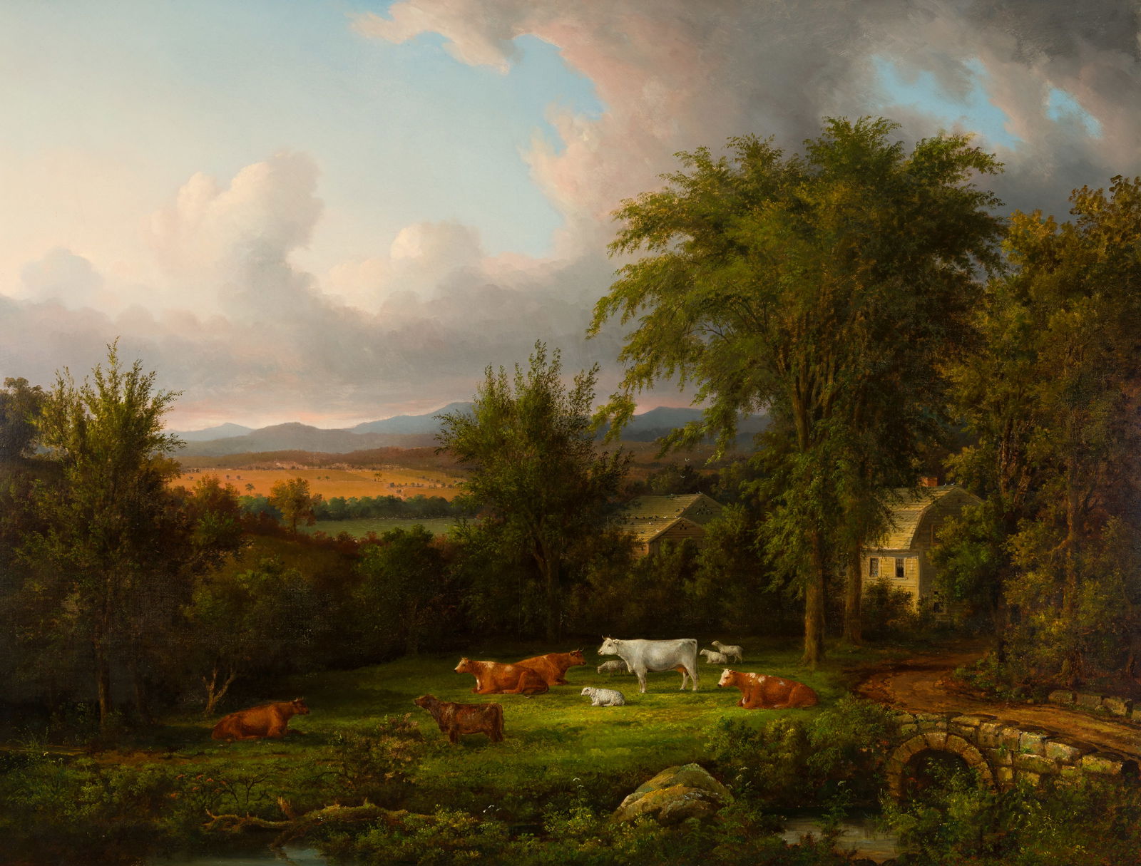 John White Allen Scott (Am. 1815-1907), New England Valley, Oil on canvas, framed: John White Allen Scott (Am. 1815-1907) New England Valley Oil on canvas, framed Vose Gallery label verso 38 3/8" x 50 1/8" actual, 49 1/8" x 61 1/4" framed Provenance: Private Collec
