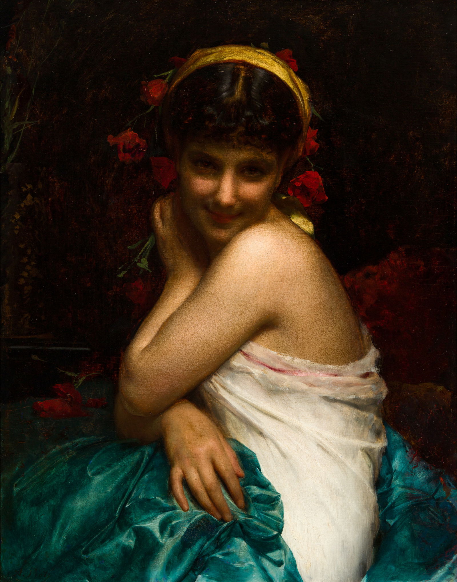 Etienne Adolph Piot (Fr. 1831-1910), Girl with Roses, Oil on canvas, framed (1 of 4)