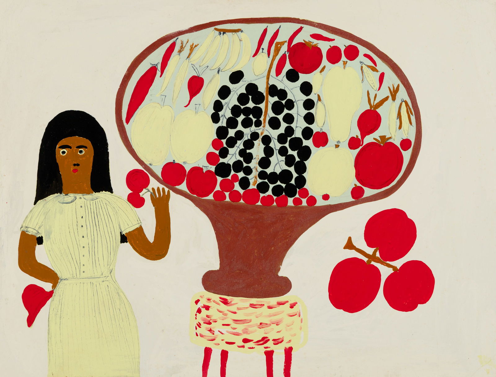 Amos Ferguson (Bahamian 1920-2009), Woman with Fruit Bowl, Enamel on paper laid to board, framed (1 of 2)