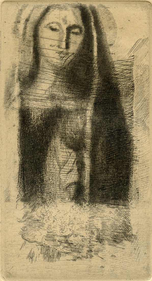 Odilon Redon (Fr. 1840-1916), Drypoint etching, unframed: Odilon Redon (Fr. 1840-1916) Princess Maleine (The Little Madonna) Drypoint etching, unframed 4 3/4" x 2 1/2" image, 7 1/2" x 5 1/2" sheet Provenance: Priva