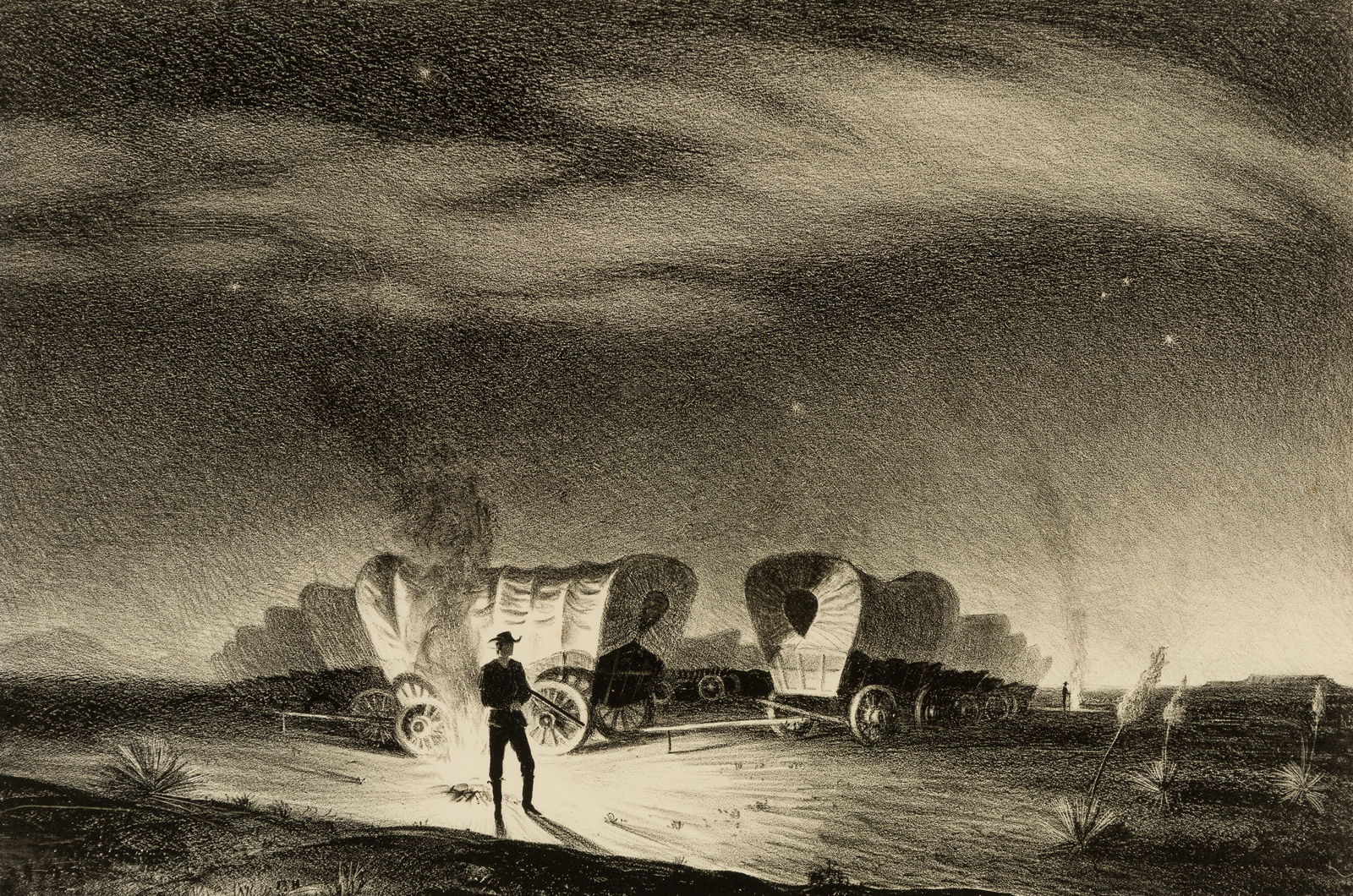 Peter Hurd (Am. 1904-1984), Lithograph, framed under glass: Peter Hurd (Am. 1904-1984) The Sentinel, Santa Fe Trail Lithograph, framed under glass Signed in pencil l.r., titled and editioned "17/500" in pencil l.l., informational tag and newspaper article a