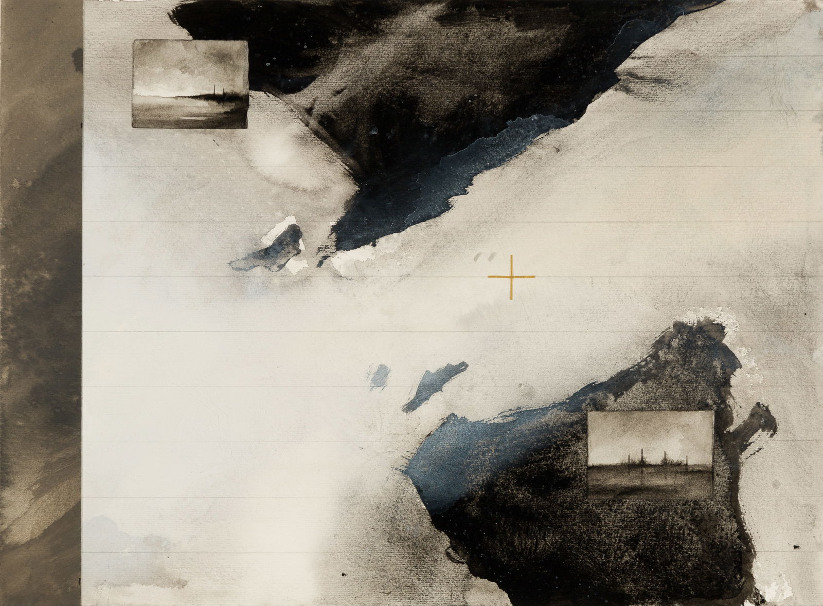 Dozier Bell (Am. b. 1957), Ink wash and collage on paper, framed under glass: Dozier Bell (Am. b. 1957) Map #8 Ink wash and collage on paper, framed under glass Titled on backing verso 11" x 15" actual, 18 3/8" x 21 5/8" framed Provenance: </