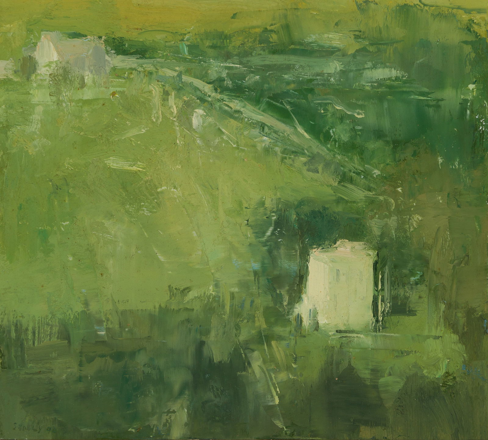 Stuart Shils (Am. b. 1954), Oil on panel, framed: Stuart Shils (Am. b. 1954) "Brownington Fields From a Distance" 2002 Oil on panel, framed Signed and dated l.l., signed, titled and dated verso 9" x 10" actual, 10" x 11" framed