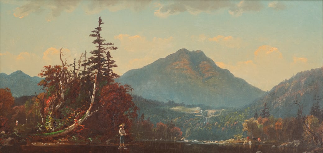 John Joseph Enneking (Am. 1841-1916), Mt. Lafayette, New Hampshire, ca. 1870s, Oil on canvas, framed: John Joseph Enneking (Am. 1841-1916) Mt. Lafayette, New Hampshire, ca. 1870s Oil on canvas, framed Initialed l.l., Vose Galleries label verso 9 5/8" x 19 1/4" actual, 16 3/4" x 26 1/2" framed
