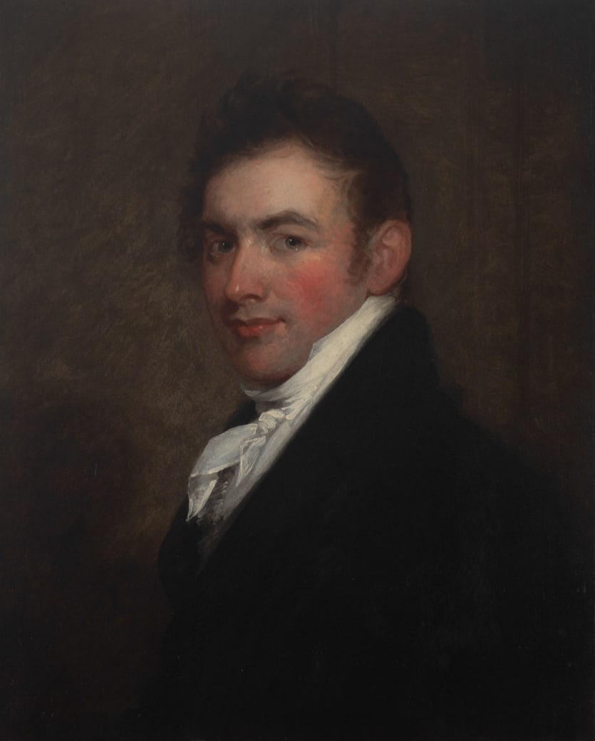 Gilbert Charles Stuart (Am. 1755-1828), Henry Barney Smith (1789-1861), c. 1825, Oil on wood panel,: Gilbert Charles Stuart (Am. 1755-1828) Henry Barney Smith (1789-1861), c. 1825 Oil on wood panel, framed Vose Galleries label verso, Museum of Fine Arts label on frame verso 25 5/8" x 21 1/8"
