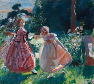 Charles S. Hopkinson (Am. 1869-1962), Three Dancing Girls, 1915, Oil on wood panel, framed