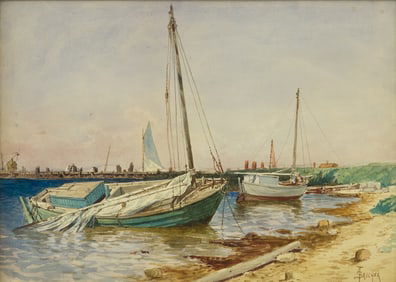 Alfred Thompson Bricher (Am. 1837-1908), Boats along the Shore, Watercolor and graphite on paper,